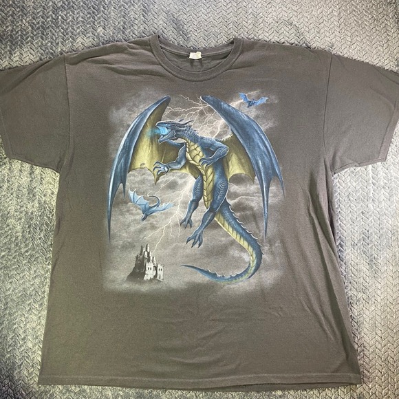 Mens Graphic T Shirt Dragon Fire Castle Lightning Storm Fantasy XXL - Picture 1 of 7